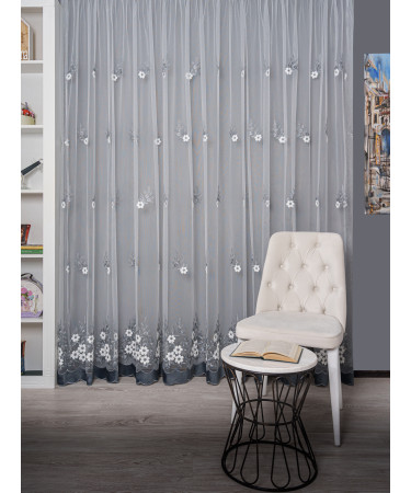Perdea tulle brodat, alb/gri