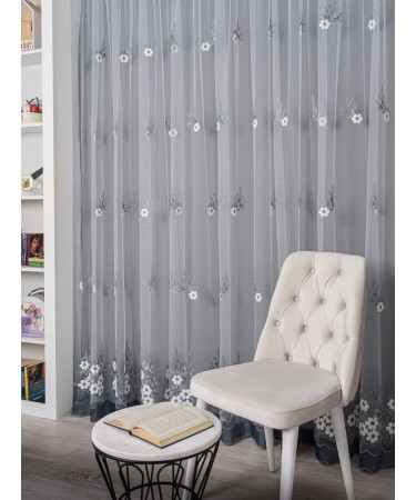 Perdea tulle brodat, alb/gri