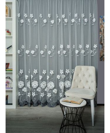 Perdea tulle brodat, alb/gri