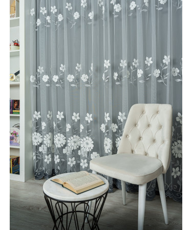 Perdea tulle brodat, alb/gri