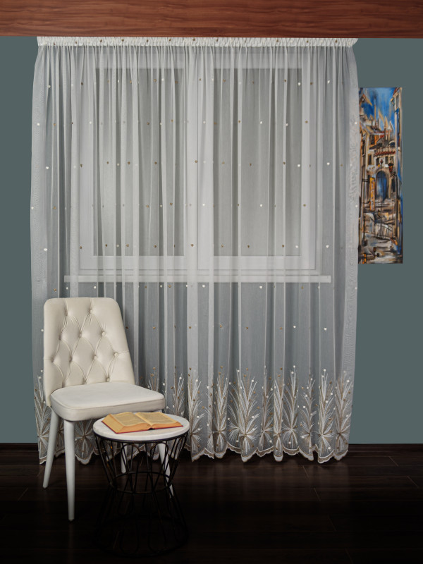 Perdea tulle bamboo brodat, alb/bej
