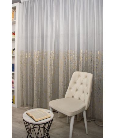 Perdea tulle bamboo imprimat, ivoire/auriu