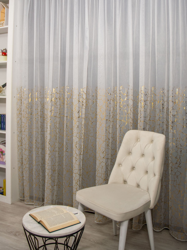 Perdea tulle bamboo imprimat, ivoire/auriu Perdea tulle bamboo imprimat, ivoire/auriu