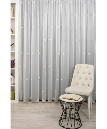 Perdea tulle bamboo brodat, alb/bej