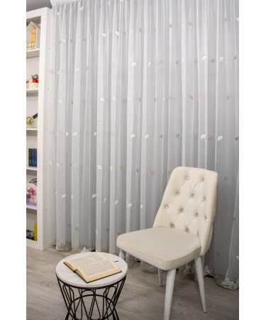 Perdea tulle bamboo brodat, alb/bej