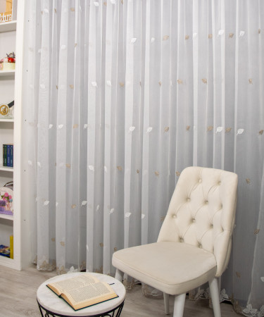 Perdea tulle bamboo brodat, alb/bej
