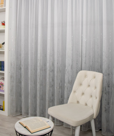 Perdea tulle bamboo imprimat, alb/argintiu