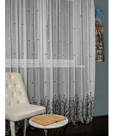 Perdea tulle bamboo brodat, alb/negru