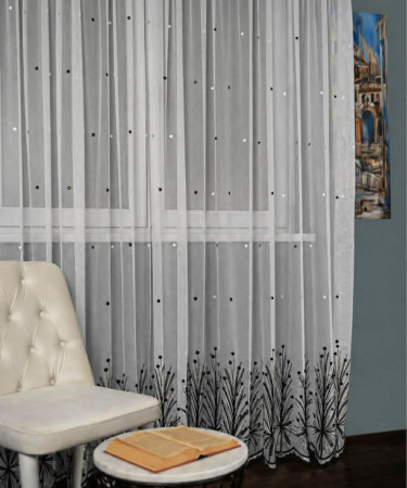 Perdea tulle bamboo brodat, alb/negru
