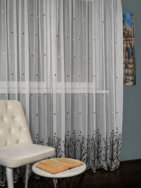 Perdea tulle bamboo brodat, alb/negru