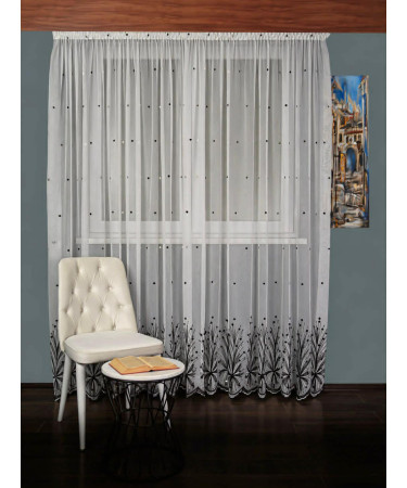 Perdea tulle bamboo brodat, alb/negru