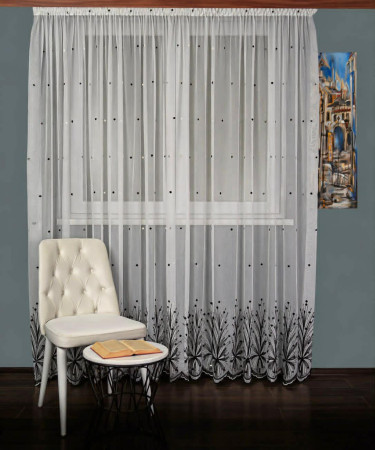 Perdea tulle bamboo brodat, alb/negru