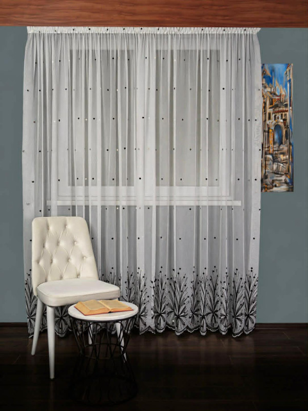 Perdea tulle bamboo brodat, alb/negru