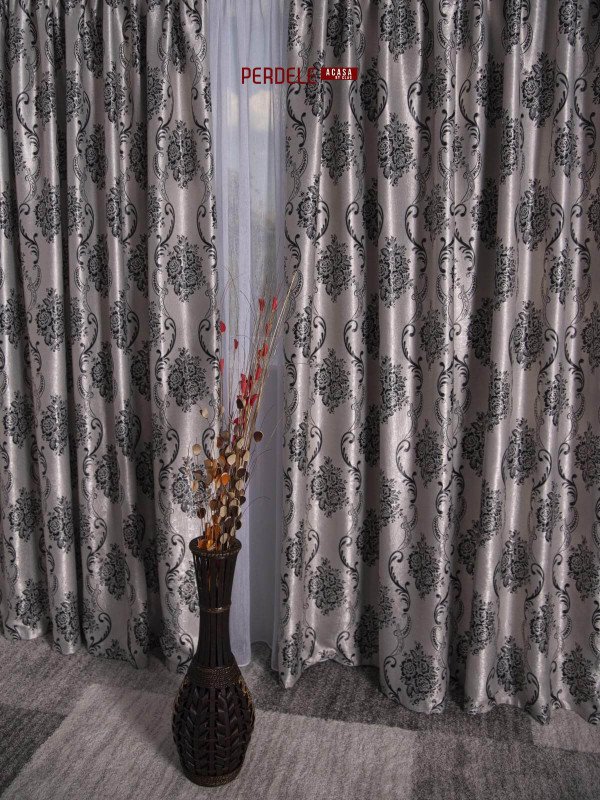 Draperie Blackout, gri/negru, model baroc