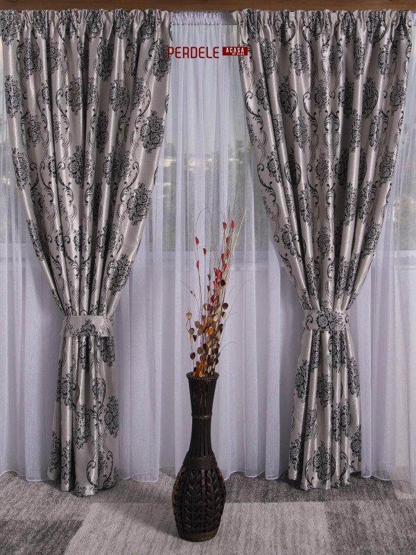Draperie Blackout, gri/negru, model baroc