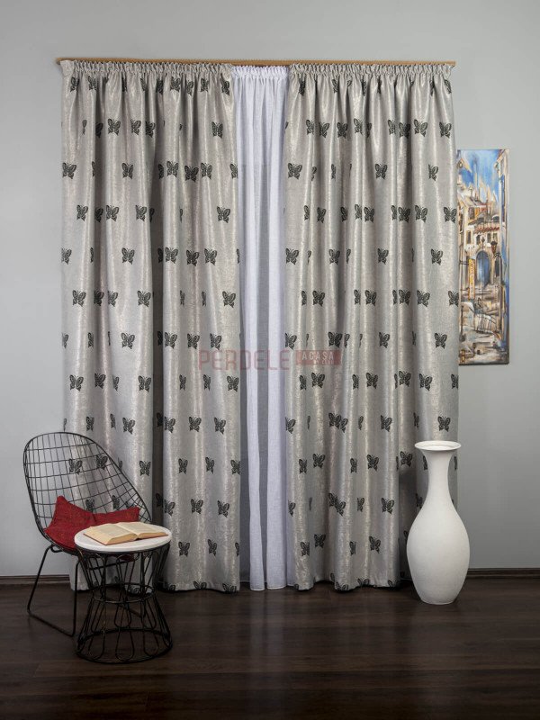 Draperie blackout, gri/negru, model fluturi