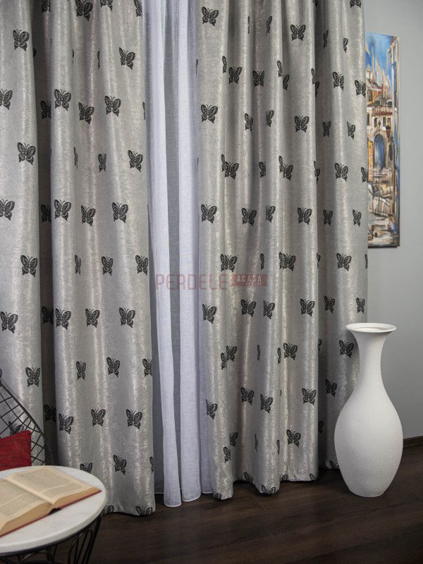 Draperie blackout, gri/negru, model fluturi