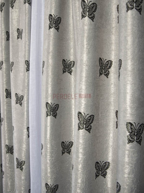 Draperie blackout, gri/negru, model fluturi