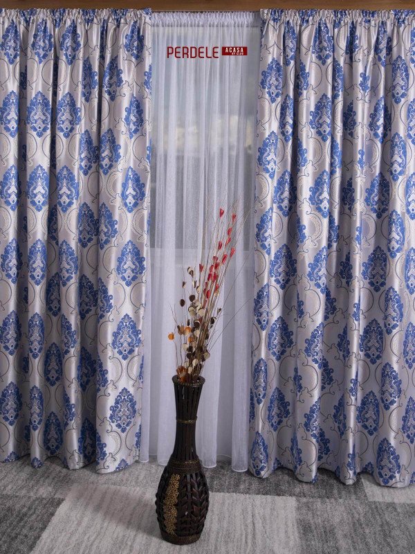 Draperie blackout model baroc,argintiu/albastru Draperie blackout model baroc,argintiu/albastru