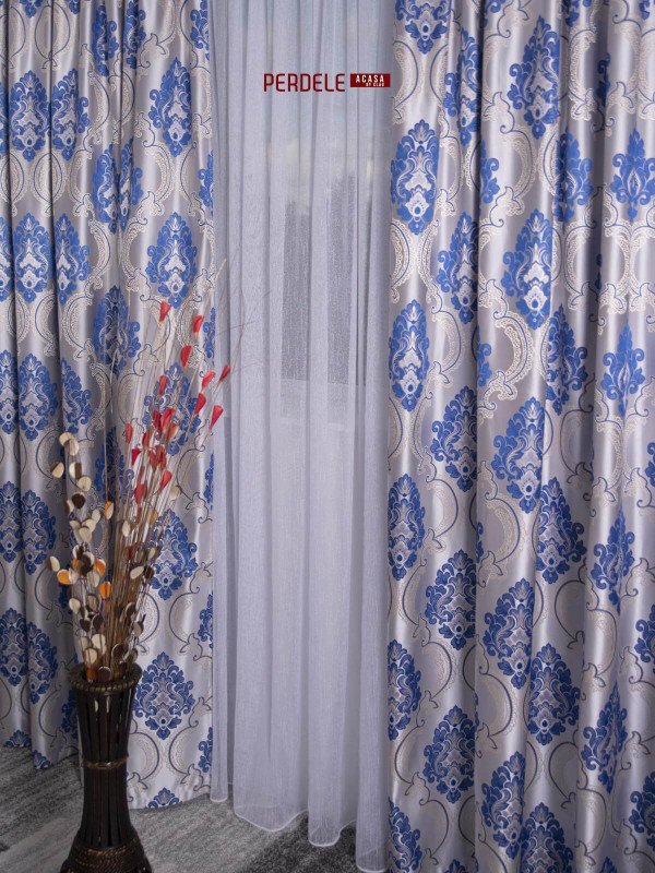 Draperie blackout model baroc,argintiu/albastru Draperie blackout model baroc,argintiu/albastru