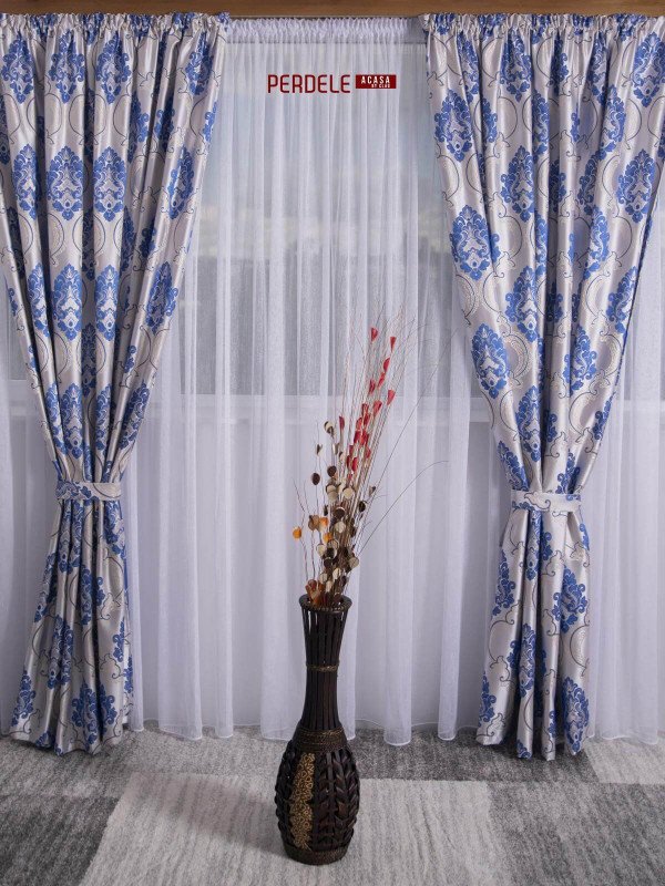 Draperie blackout model baroc,argintiu/albastru Draperie blackout model baroc,argintiu/albastru