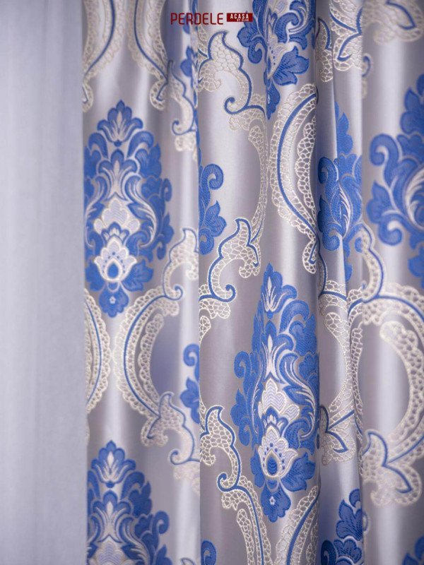 Draperie blackout model baroc,argintiu/albastru Draperie blackout model baroc,argintiu/albastru