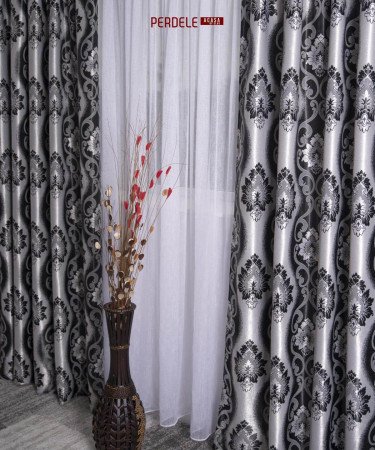 Draperie blackout model baroc,gri/negru Draperie blackout model baroc,gri/negru