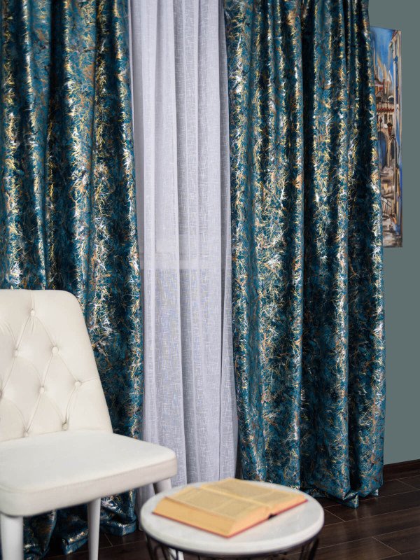 Draperie catifea albastru cu insertii auriu/arginiu