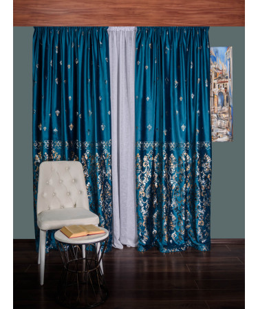 Draperie catifea albastru cu model auriu Draperie catifea albastru cu model auriu
