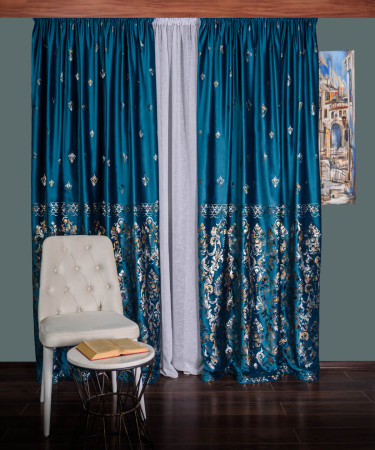 Draperie catifea albastru cu model auriu Draperie catifea albastru cu model auriu