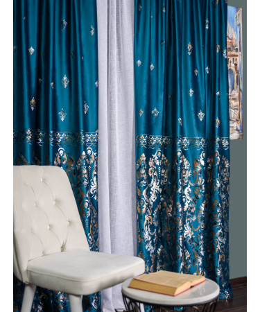 Draperie catifea albastru cu model auriu Draperie catifea albastru cu model auriu