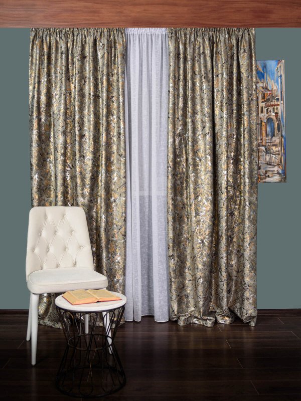 Draperie catifea gri cu insertii aurii/maro