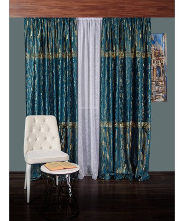 Draperie catifea cu model, albastru/auriu