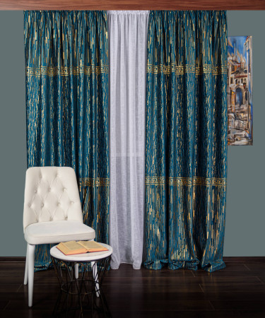 Draperie catifea cu model, albastru/auriu Draperie catifea cu model, albastru/auriu