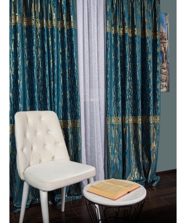 Draperie catifea cu model, albastru/auriu