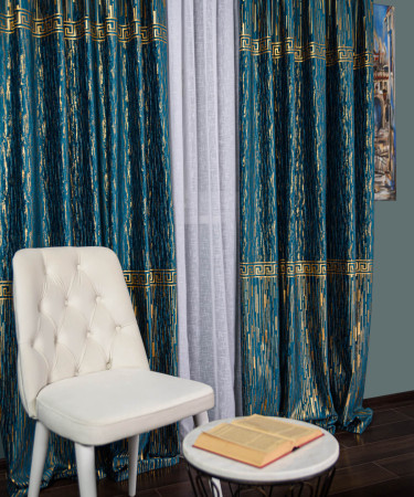 Draperie catifea cu model, albastru/auriu Draperie catifea cu model, albastru/auriu
