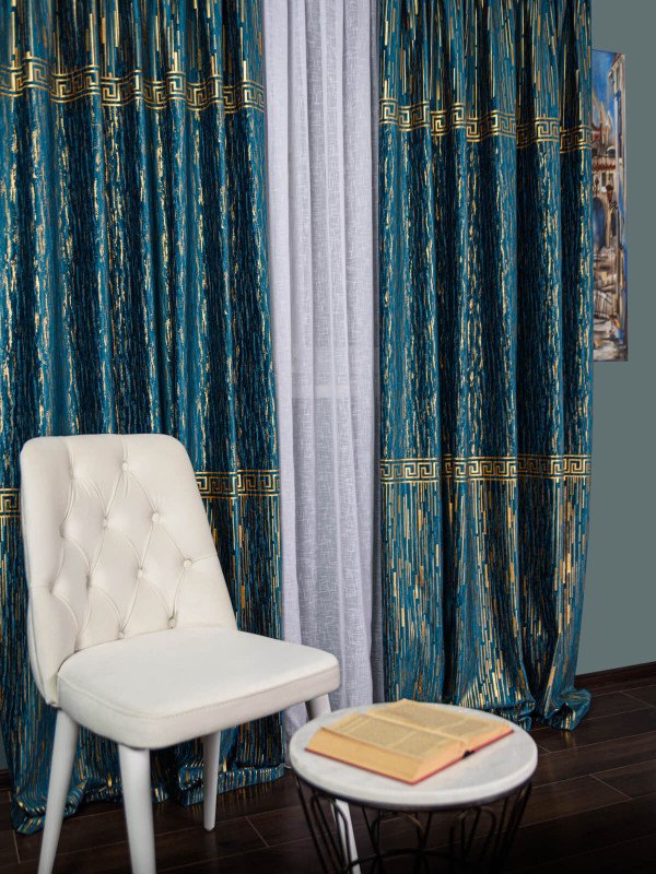 Draperie catifea cu model, albastru/auriu