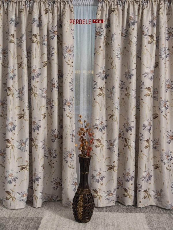 Draperie saten model flori bej,gri,maro