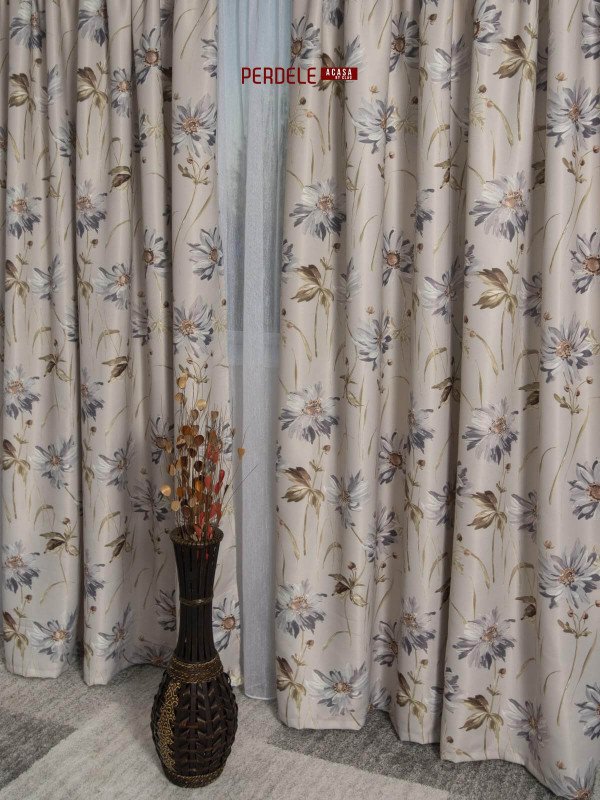 Draperie saten model flori bej,gri,maro