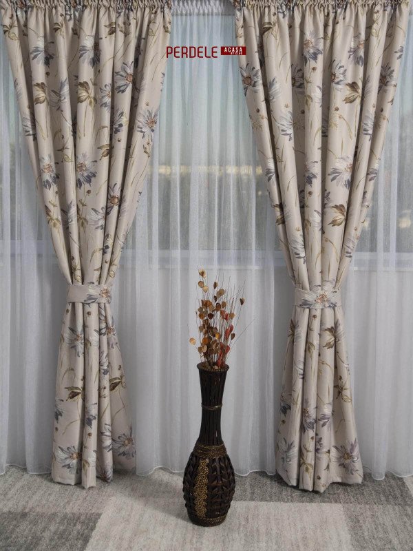 Draperie saten model flori bej,gri,maro