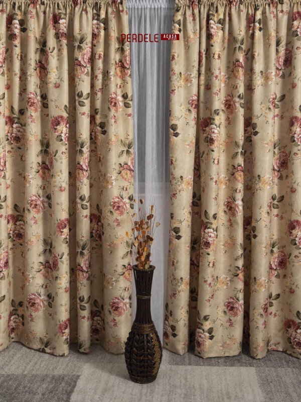 Draperie saten model flori bej,roz