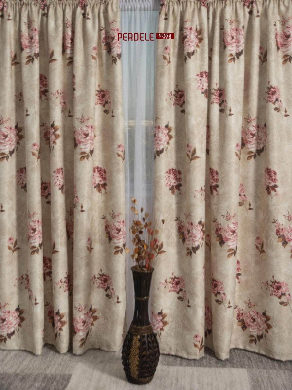 Draperie saten model flori bej,roz