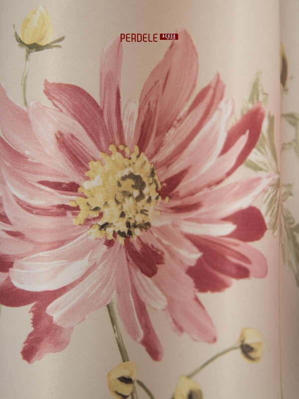 Draperie saten model flori crem,roz Draperie saten model flori crem,roz