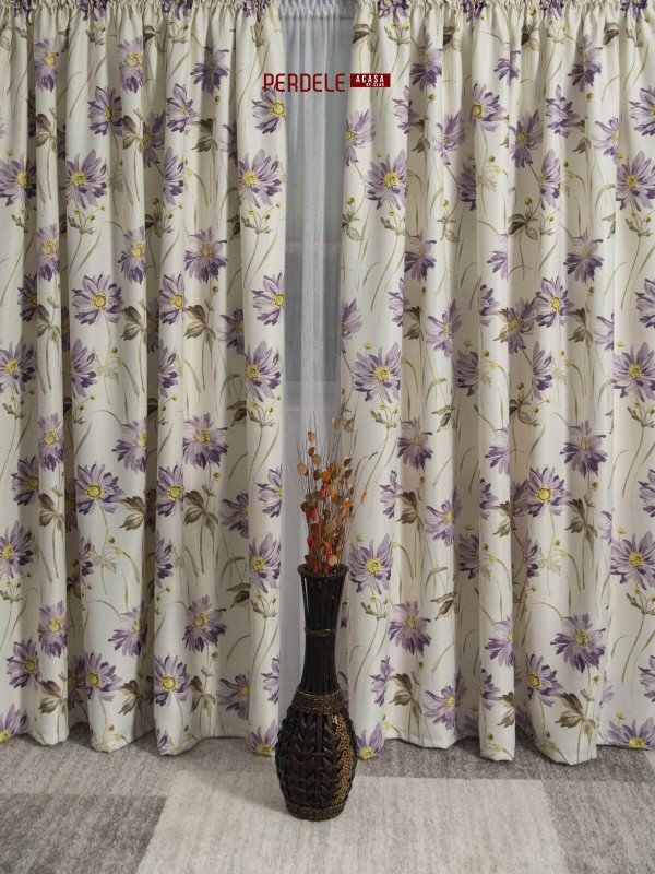 Draperie saten model flori ivoire,lila Draperie saten model flori ivoire,lila