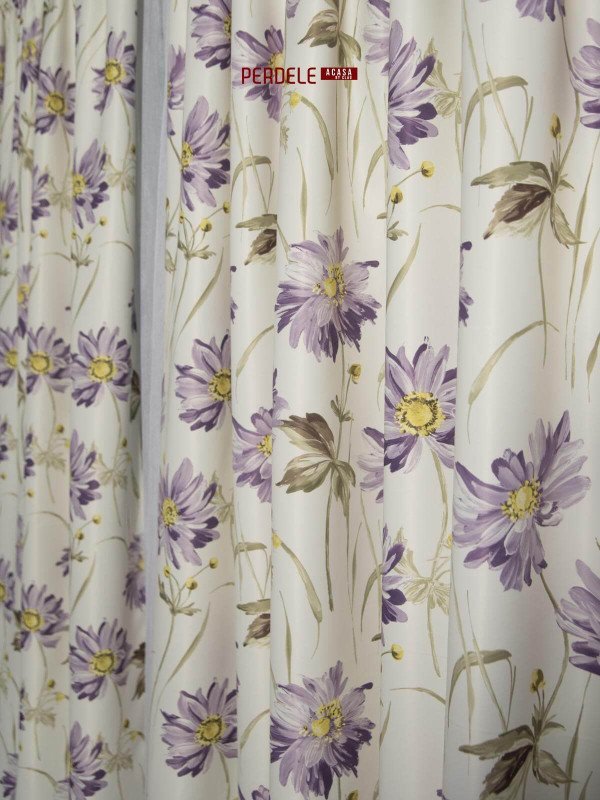 Draperie saten model flori ivoire,lila Draperie saten model flori ivoire,lila