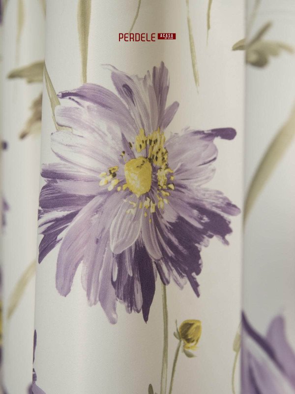 Draperie saten model flori ivoire,lila Draperie saten model flori ivoire,lila