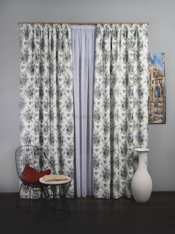 Draperie satin, alb/albastru