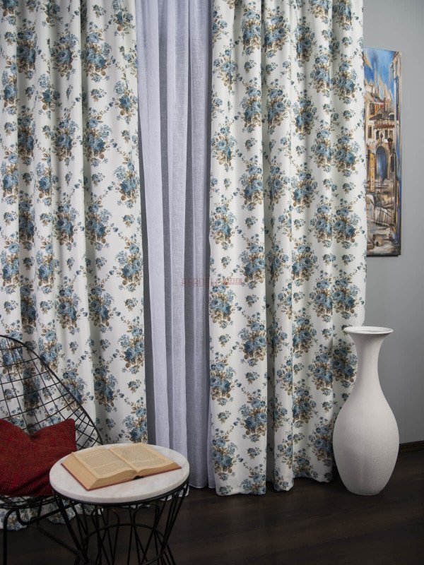 Draperie satin, alb/albastru