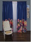Draperie satin albastru,flori multicolore