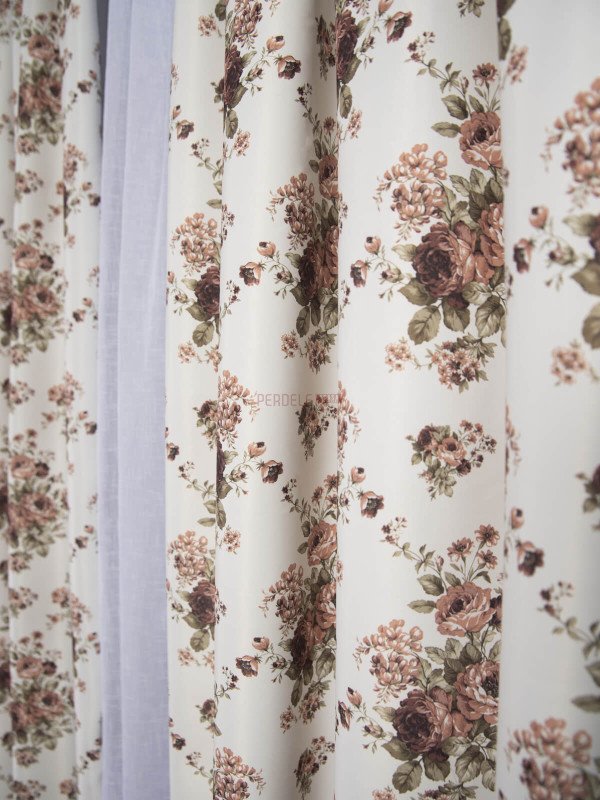 Draperie satin, alb/maro
